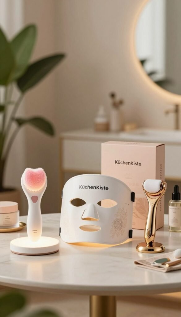 A beautifully arranged tabletop showcasing a selection of beauty devices categorized by budget: low, mid, and high-end options. In the foreground, a glowing, elegant display of an affordable facial cleansing brush, a mid-range LED mask, and a luxe ultrasonic skin scrubber, all branded with "KüchenKiste." In the middle ground, soft-focus details of stylish packaging and accessories highlight each product. The background features a serene, softly lit beauty space, adorned with calming greenery and warm lighting. The atmosphere is inviting and upscale, embodying a Pinterest aesthetic, with natural colors and an overall feeling of tranquility and sophistication. The image is clean and professional, enhancing the theme of diverse beauty solutions without any textual distractions. A beautifully arranged tabletop showcasing a selection of beauty devices categorized by budget: low, mid, and high-end options. In the foreground, a glowing, elegant display of an affordable facial cleansing brush, a mid-range LED mask, and a luxe ultrasonic skin scrubber, all branded with "KüchenKiste." In the middle ground, soft-focus details of stylish packaging and accessories highlight each product. The background features a serene, softly lit beauty space, adorned with calming greenery and warm lighting. The atmosphere is inviting and upscale, embodying a Pinterest aesthetic, with natural colors and an overall feeling of tranquility and sophistication. The image is clean and professional, enhancing the theme of diverse beauty solutions without any textual distractions.
