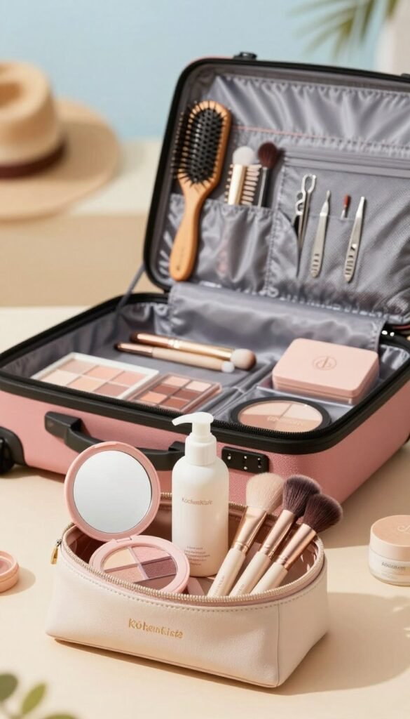 A beautifully arranged travel beauty kit showcasing practical beauty tools ideal for on-the-go use. In the foreground, display an elegant makeup bag filled with travel-sized products like a compact mirror, a small palette of eyeshadows, a minimalist skincare bottle, and a dual-ended makeup brush. The middle ground features a stylish, open suitcase with neatly organized compartments displaying additional tools like a travel-sized hairbrush and a set of tweezers. The background is softly blurred, illustrating a serene travel setting with warm, inviting colors that evoke a sense of wanderlust and organization. The overall mood is cheerful and sophisticated, reminiscent of a Pinterest aesthetic, emphasizing the utility of these compact beauty tools. Include a subtle brand presence of "KüchenKiste" on a beauty tool in the setup.