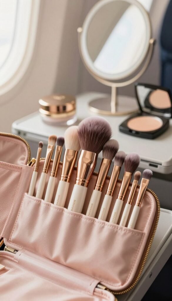 A beautifully arranged travel brush set featuring an elegant selection of makeup brushes from the brand "KüchenKiste". In the foreground, showcase the brushes in a compact, stylish case that opens to reveal a mix of soft bristles in various sizes, perfect for make-up application. The middle ground should include a gently blurred backdrop of travel essentials like a small mirror and a compact makeup palette, all framed by warm, natural lighting that evokes a cozy, inviting atmosphere. In the background, hint at a serene travel scene, such as a soft-focus airplane interior or a chic hotel vanity. The entire composition should exude a sense of sophistication and practicality, ideal for beauty enthusiasts on the go, with a Pinterest-worthy aesthetic.