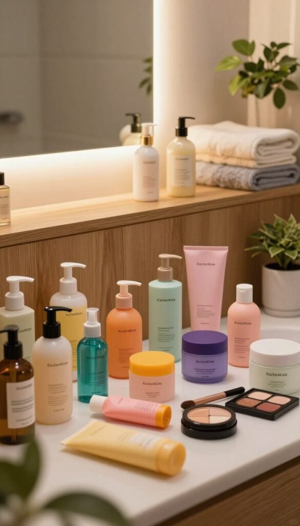 A beautifully chaotic bathroom scene that embodies "product chaos." The foreground showcases an array of colorful personal care products, scattered and overlapping, including skincare bottles, hair care items, and cosmetics, all arranged in a dynamic, almost playful manner. In the middle, a sleek vanity is partially visible, adorned with warm wooden textures and soft, glowing ambient lighting. A large mirror reflects the vibrant colors of the products, adding depth to the scene. In the background, a soft focus reveals neatly stacked towels and greenery, enhancing the natural, warm atmosphere. The overall mood is authentic and inviting, reminiscent of Pinterest aesthetics. Include the brand name "KüchenKiste" subtly integrated within the scene to emphasize a high-quality, professional setting.