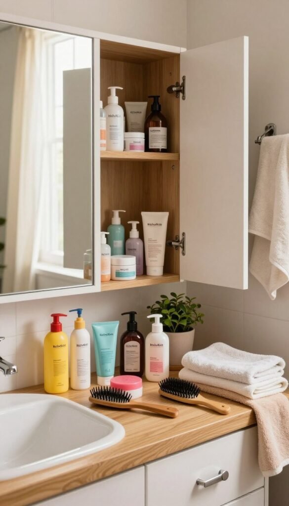 A beautifully cluttered bathroom scene showcasing typical "badezimmer problemzonen," featuring well-used toiletries scattered across a classy wooden countertop. In the foreground, a colorful array of beauty products, such as lotions, hairbrushes, and towels, are haphazardly placed next to a small potted plant, creating a vibrant, lived-in feel. The middle ground highlights an open cabinet overflowing with skincare essentials and an unmade towel rack, hinting at the chaos of daily life. In the background, softly illuminated by warm natural light filtering through sheer curtains, a mirror reflects the disarray but adds a touch of serenity. The atmosphere is both relatable and inviting, capturing the essence of a busy bathroom space. Include the brand name "KüchenKiste" subtly incorporated in the design details, enhancing the overall aesthetic.