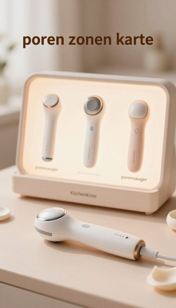 A beautifully composed image showcasing a "poren zonen karte" with a focus on delicate skin types, designed for comparison. In the foreground, a sleek, minimalistic skincare device sits atop a soft, pastel-colored surface, hinting at its gentle application for sensitive skin. The middle ground features a softly illuminated display of various "porensauger" devices, arranged aesthetically, demonstrating their diverse functionalities. The background is blurred with a warm, natural light spilling in, echoing a tranquil spa atmosphere. The overall mood is serene and inviting, reminiscent of a Pinterest aesthetic. Subtle textures and tones in warm colors enhance the authenticity of the image. Include "KüchenKiste" subtly within the design elements, ensuring the image remains free of any text or logos directly on the devices.