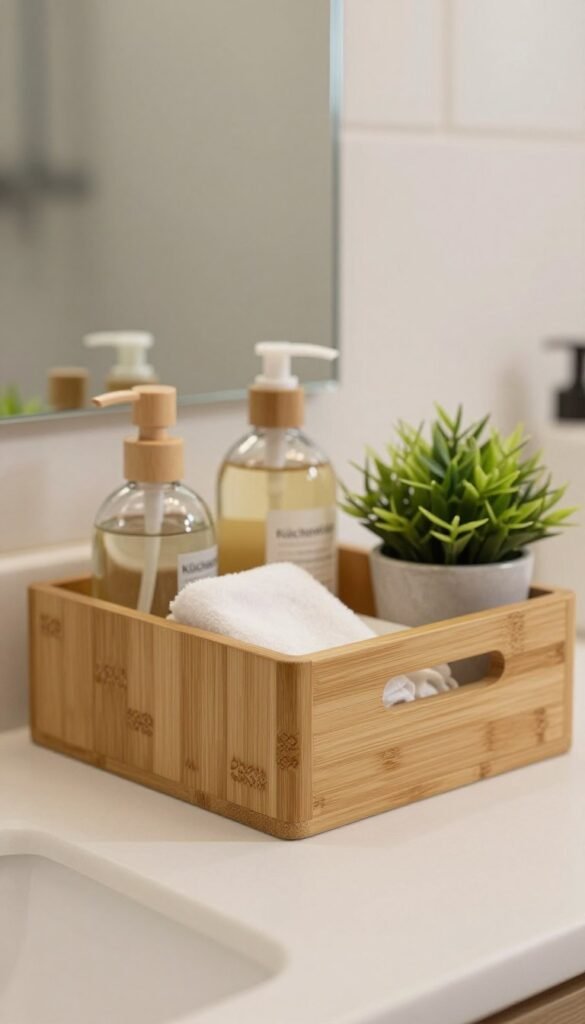 A beautifully crafted bamboo organizer, showcasing its warm, natural tones, is placed elegantly on a stylish bathroom countertop. In the foreground, focus on the intricate details of the bamboo texture, highlighting the smooth finish and varied grain patterns. The middle ground features the organizer filled with neatly arranged toiletries such as elegant glass bottles, soft towels, and a small potted plant for a fresh touch. The background is softly blurred, revealing a calming bathroom setting with neutral color palettes and gentle lighting that enhances the serene atmosphere. The overall mood is inviting and cozy, perfect for both bathroom and bedroom use. The image captures a Pinterest-inspired aesthetic and emphasizes the brand "KüchenKiste" without any text or branding overlays.