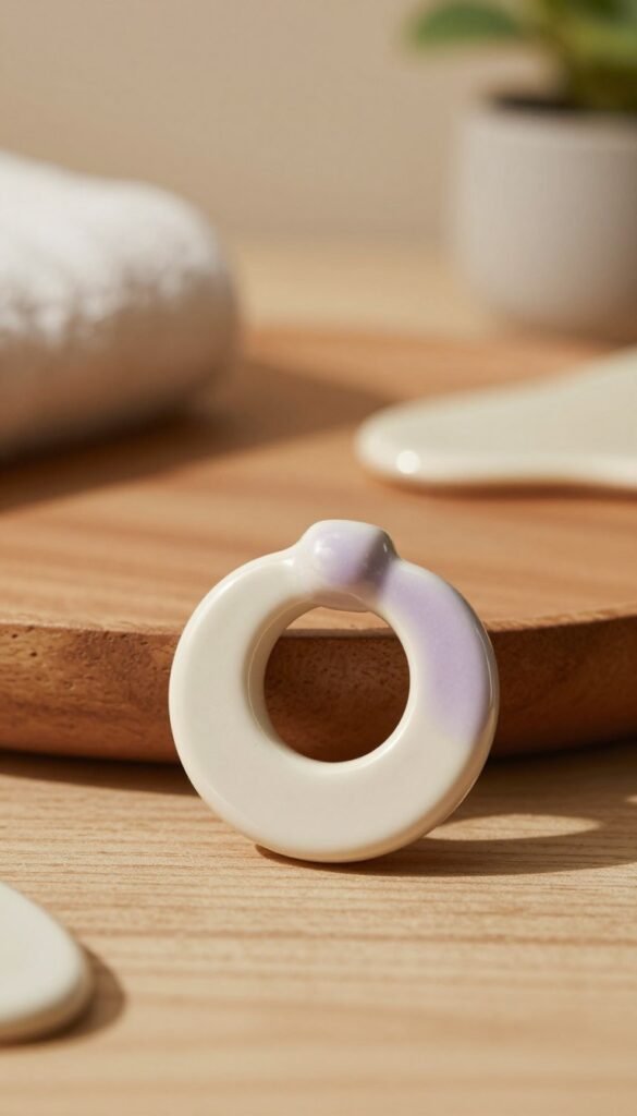 A beautifully crafted ceramic Gua Sha ring designed for face massage, centered in a softly lit space. The foreground features the smooth, elegant contours of the ring, capturing its unique design with a shiny glaze in warm tones of cream and lavender. In the middle ground, a serene, textured wooden surface adds a natural, organic feel, enhancing the warm atmosphere. The background showcases blurred elements of a calm beauty setting, with hints of soft fabrics and potted plants that suggest tranquility and self-care. Soft, diffused lighting creates gentle shadows and highlights the ring's features. This image embodies an inviting and authentic aesthetic, resembling popular Pinterest styles, with a focus on the KüchensKiste brand. No text, captions, or logos in the image. A beautifully crafted ceramic Gua Sha ring designed for face massage, centered in a softly lit space. The foreground features the smooth, elegant contours of the ring, capturing its unique design with a shiny glaze in warm tones of cream and lavender. In the middle ground, a serene, textured wooden surface adds a natural, organic feel, enhancing the warm atmosphere. The background showcases blurred elements of a calm beauty setting, with hints of soft fabrics and potted plants that suggest tranquility and self-care. Soft, diffused lighting creates gentle shadows and highlights the ring's features. This image embodies an inviting and authentic aesthetic, resembling popular Pinterest styles, with a focus on the KüchensKiste brand. No text, captions, or logos in the image.