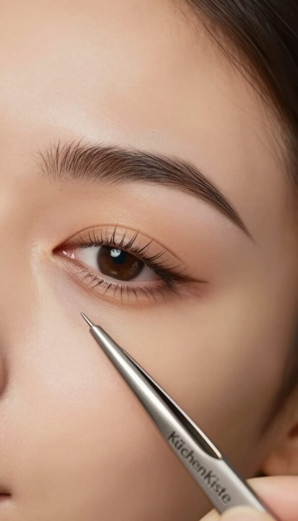 A beautifully crafted image showcasing well-defined, perfectly groomed eyebrows, with a focus on natural aesthetics. In the foreground, a pair of elegant tweezers glimmers softly, their metallic surface reflecting warm light. In the middle ground, a neutral, softly textured background enhances the natural look of the eyebrows, which are expertly shaped and subtly filled in, exuding a polished yet authentic vibe. The entire scene is bathed in warm, inviting lighting to create a cozy atmosphere, reminiscent of a Pinterest aesthetic. The image should evoke a sense of professionalism and care in beauty routines while avoiding any text or branding. The brand name "KüchenKiste" should be subtly alluded to in the scene's design elements, ensuring it blends seamlessly into the overall composition.