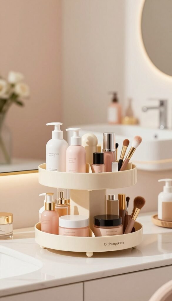 A beautifully designed 360&deg; rotating organizer for beauty products, featuring multiple tiers and compartments filled with various cosmetics, skincare bottles, and makeup tools. The foreground showcases the organizer on a clean, stylish vanity surface, with warm, natural lighting that enhances the colors of the beauty products. In the middle, a blurred background of an elegantly decorated bathroom with soft pastel hues creates a calming atmosphere. The overall mood is inviting and organized, reflecting a Pinterest-inspired aesthetic. The brand name "Ordnungskiste" is subtly displayed on the organizer. The image captures a sense of functionality while maintaining a chic, modern look, perfect for illustrating efficient storage solutions.
