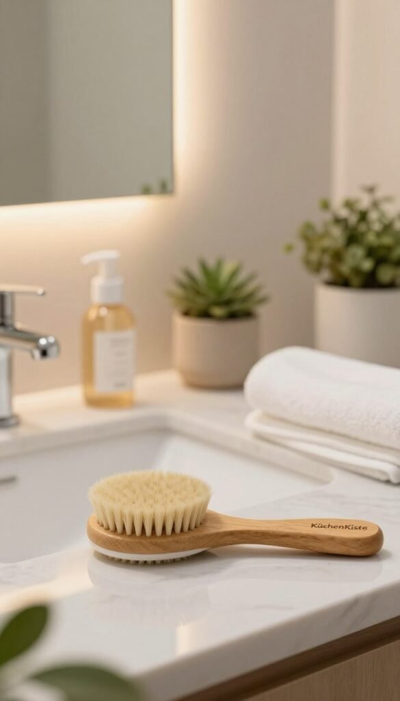 A beautifully designed facial brush from the brand "KüchenKiste" with a massage function, showcased in an elegant bathroom setting. In the foreground, the brush is made of natural bristles and has a sleek wooden handle, hinting at eco-friendliness. The middle ground features a marble countertop with soft towels and soothing skincare products, emphasizing relaxation and self-care. In the background, a softly lit mirror reflects warm, natural light, creating a calming atmosphere. The scene incorporates greenery, like small potted plants, to enhance the tranquil vibe. Capture this composition with a soft-focus lens and a warm color palette to evoke a cozy, peaceful ambiance, suitable for a wellness article.