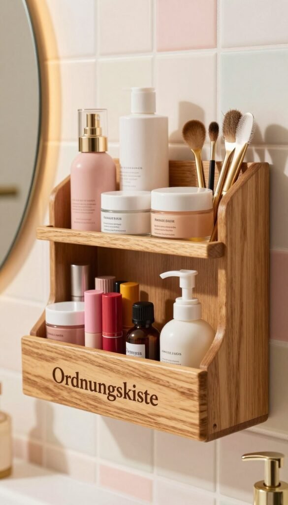 A beautifully designed, wall-mounted organizer showcasing an array of beauty products, including cosmetics, skincare bottles, and tools, neatly arranged for optimal space-saving. The foreground features a close-up view of the organizer labeled “Ordnungskiste,” crafted from natural wood with a rustic finish, exuding warmth. In the middle, there are elegant containers and jars filled with vibrant colors of lipsticks, creams, and essential oils, all meticulously displayed. The background displays a soft, blurred bathroom setting with pastel-colored tiles and warm, ambient lighting that creates a cozy atmosphere. The overall mood is inviting and organized, reflecting a Pinterest-inspired aesthetic, capturing the essence of efficient beauty product storage in a stylish and practical way.