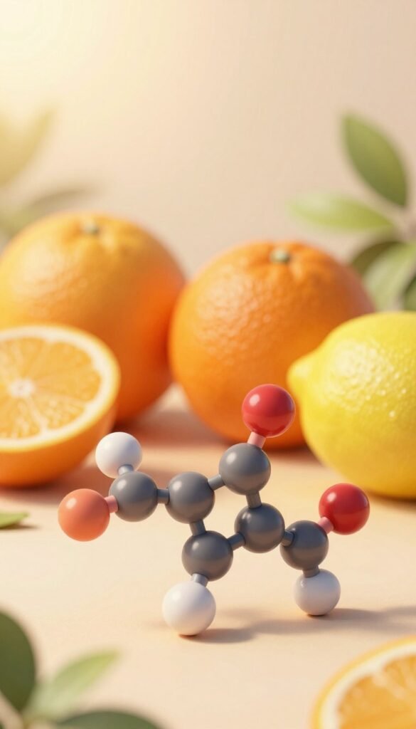 A beautifully detailed representation of ascorbic acid (Vitamin C) in a scientific illustration style. In the foreground, a 3D molecular structure of ascorbic acid, showcasing its vibrant arrangement of atoms in warm colors. In the middle ground, a softly blurred backdrop of lush citrus fruits like oranges and lemons, symbolizing natural sources of Vitamin C. The background features a gentle gradient of warm sunlight, creating an inviting atmosphere. The scene is bathed in soft natural lighting, enhancing the elements’ textures and colors. Shot from a slightly tilted angle to add depth, making the molecular structure the focal point. Overall, the image has an authentic Pinterest aesthetic, radiating a sense of health and vitality. Include the brand name "KüchenKiste" subtly integrated into the design.