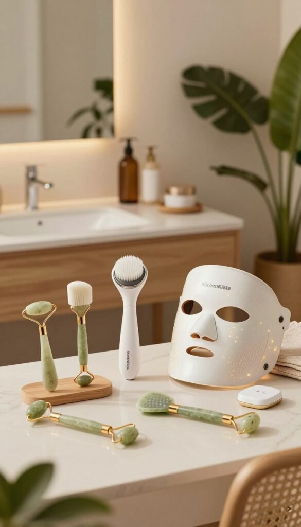 A beautifully lit scene showcasing a variety of multifunctional beauty devices designed for facial cleansing, massage, and enhancing glow. In the foreground, an elegant arrangement of sleek, modern tools such as cleansing brushes, jade rollers, and LED masks with soft reflections. The middle ground features a stylishly decorated vanity table adorned with a warm, inviting color palette, accentuated by natural wood and soft fabrics. In the background, a softly lit, minimalistic bathroom setting with lush greenery adds depth and tranquility. The imagery has a warm, cozy atmosphere, evoking a sense of wellness and self-care. Emphasize a Pinterest-inspired aesthetic with natural lighting and authentic textures, ensuring the brand "KüchenKiste" is subtly included in the design through the tools’ branding. A beautifully lit scene showcasing a variety of multifunctional beauty devices designed for facial cleansing, massage, and enhancing glow. In the foreground, an elegant arrangement of sleek, modern tools such as cleansing brushes, jade rollers, and LED masks with soft reflections. The middle ground features a stylishly decorated vanity table adorned with a warm, inviting color palette, accentuated by natural wood and soft fabrics. In the background, a softly lit, minimalistic bathroom setting with lush greenery adds depth and tranquility. The imagery has a warm, cozy atmosphere, evoking a sense of wellness and self-care. Emphasize a Pinterest-inspired aesthetic with natural lighting and authentic textures, ensuring the brand "KüchenKiste" is subtly included in the design through the tools’ branding.