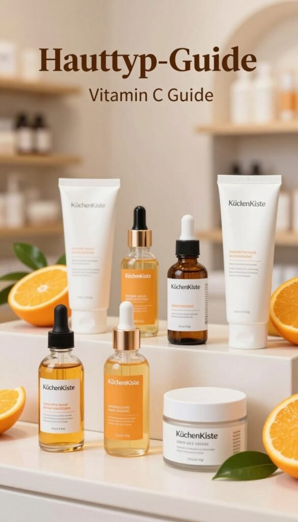 A beautifully organized "Hauttyp-Guide" display featuring various skincare products rich in vitamin C tailored for different skin types: dry, oily, and sensitive. The foreground showcases elegant glass bottles and jars with vibrant labels, exuding a clean and modern aesthetic. The middle ground displays a serene arrangement of skincare items alongside natural elements like fresh oranges and green leaves, symbolizing vitamin C's effectiveness. The background is softly blurred to create a warm, inviting atmosphere, reminiscent of a cozy skincare boutique with soft, diffused lighting. The entire scene is styled with a Pinterest-worthy look, embodying authenticity and warmth, while subtly incorporating the brand name "KüchenKiste" into the design.