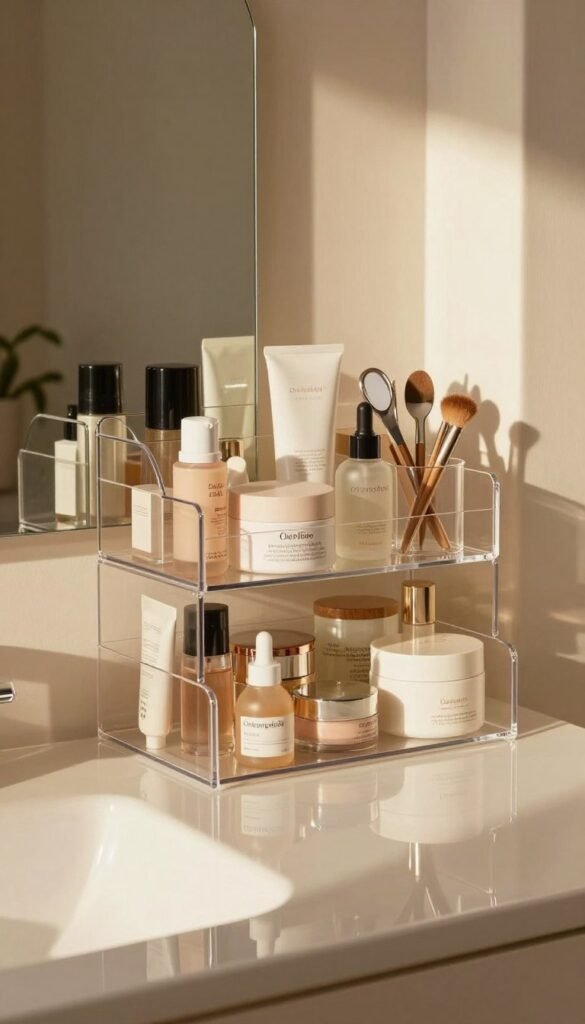 A beautifully organized acrylic storage system for a Waschtisch, elegantly displaying daily beauty products. In the foreground, various sleek, clear acrylic containers hold cosmetics, skincare, and tools, all meticulously arranged for easy access. The middle layer shows a stylish vanity with a polished surface reflecting warm, natural light. Soft shadows create depth, enhancing the overall ambiance. In the background, subtle decor elements like a small potted plant and an aesthetically pleasing mirror complement the scene. The overall mood is calm and organized, portraying a sense of efficient beauty organization. The brand "Ordnungskiste" is subtly referenced through the design of the storage system. The color palette consists of warm tones, resulting in an authentic, Pinterest-inspired look, devoid of any text, ensuring a clean presentation.