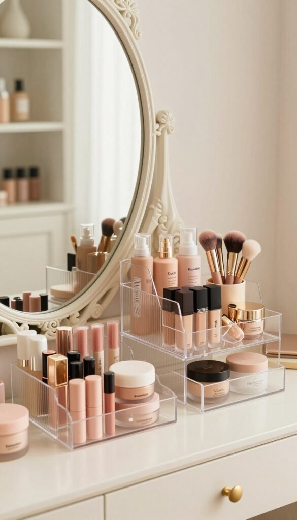 A beautifully organized and aesthetically pleasing "kosmetik aufbewahrung" setup, showcasing a variety of beauty products in clear acrylic organizers and stylish containers. In the foreground, neatly arranged makeup items like lipsticks, foundation, and brushes in pastel colors, creating a harmonious look. The middle section features a chic vanity table with a large ornate mirror reflecting the scene, accented by soft natural lighting that adds warmth and a cozy atmosphere. In the background, a shelf with additional beauty items is subtly blurred, enhancing the focus on the organized products. The overall mood is inviting and elegant, inspired by Pinterest aesthetics. Include branding for "KüchenKiste" subtly integrated into the scene without text.