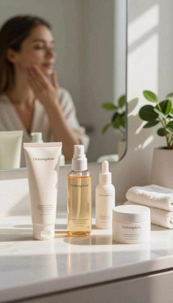 A beautifully organized bathroom countertop showcasing a morning and evening skincare routine, highlighted by a series of elegant, aesthetic skincare products labeled "Ordnungskiste". In the foreground, a soft-focus arrangement of a cleanser, toner, serum, and moisturizer reflects warm tones, with natural light streaming in from a nearby window, casting gentle shadows. In the middle ground, a modern mirror features a hint of a stylish, modestly dressed person applying serum with a serene expression, contributing to a calm atmosphere. The background should be blurred with minimalistic decor—green plants and fluffy towels—creating a Pinterest-inspired look. The overall mood is one of tranquility and motivation for an effective skin routine, evoking authenticity and simplicity. No text or branding visible outside of the products.
