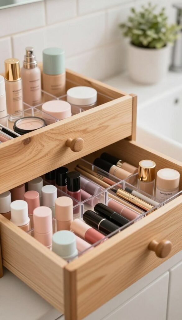A beautifully organized bathroom drawer by KüchenKiste, filled with an array of everyday makeup essentials. In the foreground, view a neatly arranged assortment of lipsticks, eyeliners, and foundation bottles in soft pastel tones, each item meticulously placed in a transparent, divided organizer. The middle layer showcases an elegant wooden drawer set, with a touch of rustic charm, highlighted by warm, natural lighting. The background features a blurred, airy bathroom setting with light-colored tiles and a hint of green foliage in a pot, creating a soothing atmosphere. The overall mood is calming and inviting, echoing a Pinterest-worthy aesthetic, emphasizing a stylish yet functional organization for daily makeup use.