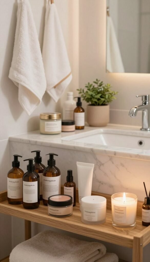 A beautifully organized bathroom featuring soft, warm colors and a Pinterest-inspired aesthetic. In the foreground, showcase a stylish wooden shelf filled with neatly arranged beauty products, including skincare bottles, makeup containers, and fragrant candles. The middle section reveals a marble countertop with an elegant sink, surrounded by decorative jars and a small indoor plant for a fresh touch. In the background, hang plush, fluffy towels and incorporate a soft, calming light from a window, casting gentle shadows. The atmosphere is serene and inviting, perfect for a personal retreat. The scene subtly displays the brand name “Ordnungskiste” on one of the jars, emphasizing organization. Ensure the image conveys authenticity, with no text overlays or watermarks.
