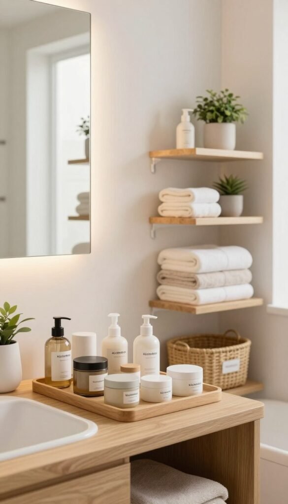 A beautifully organized bathroom featuring stylish storage products from KüchenKiste. In the foreground, a wooden vanity holds neatly arranged jars and containers filled with beauty and hygiene essentials, showcasing a minimalist aesthetic. The middle ground displays open shelves filled with neatly stacked towels and small baskets, each labeled, enhancing the sense of order. The background consists of a soft-lit mirror reflecting warm, natural light, creating a cozy and inviting atmosphere. The room is adorned with potted plants adding a touch of greenery, enhancing the Pinterest-inspired look. The overall mood is serene and aesthetically pleasing, emphasizing organization without clutter. The color palette includes warm tones such as soft beiges and whites, contributing to a harmonious and welcoming environment.