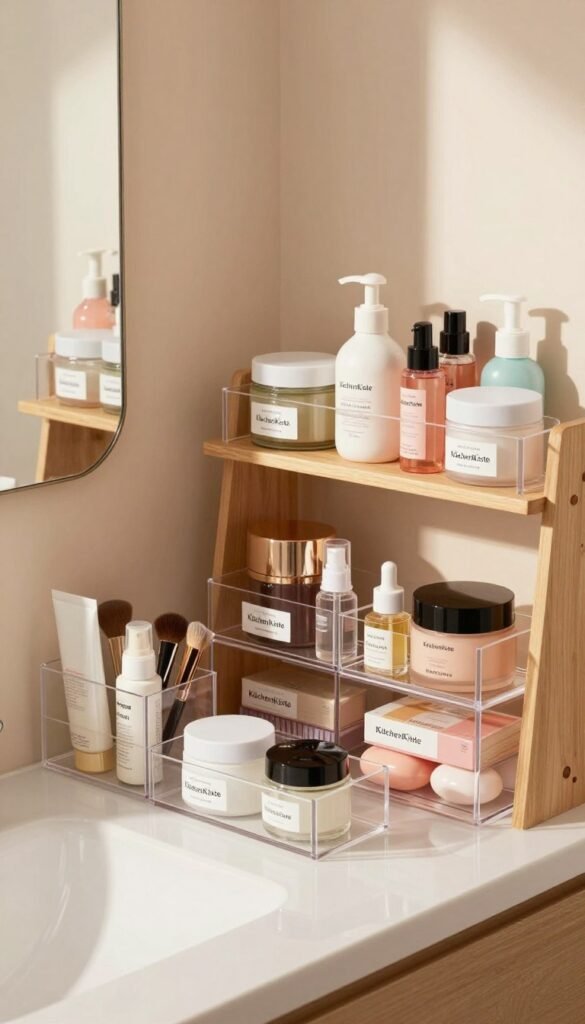 A beautifully organized bathroom or vanity space featuring a selection of "KüchenKiste" storage products designed for beauty essentials. In the foreground, showcase elegant, clear acrylic containers filled with skincare and makeup items, neatly arranged for easy access. The middle ground should have a stylish, wooden shelf displaying labeled jars and an inviting display of colorful beauty products. The background features soft, muted pastel colors on the wall, creating a calm and serene atmosphere. The lighting is warm and natural, filtering in from a nearby window, enhancing the cozy, Pinterest-inspired aesthetic. Capture the image from a slightly elevated angle to emphasize the organization and functionality of the storage solutions while maintaining an authentic and inviting look, free of any text or distractions.