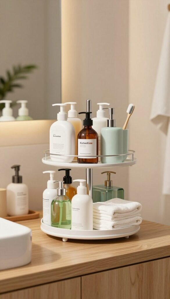 A beautifully organized bathroom scene featuring a 360° rotating organizer by KüchenKiste, placed on a stylish wooden bathroom countertop. In the foreground, the organizer displays an array of vibrant toiletries, neatly arranged for easy access—think elegant bottles, toothbrush holders, and neatly folded washcloths. The middle section highlights the sleek design of the organizer, showcasing its smooth rotation against a soft-focus backdrop of warm, inviting bathroom decor. Subtle natural lighting illuminates the scene, creating a cozy and organized atmosphere. In the background, hints of greenery and soft textures add depth and a Pinterest-worthy aesthetic. The overall mood is one of tranquility and efficiency, emphasizing the convenience of having everything at hand without clutter.