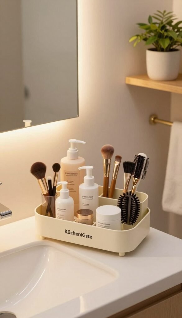 A beautifully organized bathroom scene featuring a stylish 'KüchenKiste' bathroom organizer. In the foreground, the organizer displays various beauty tools like skincare products, makeup brushes, and hair accessories, all meticulously arranged for easy access. The middle ground showcases a clean, elegant sink with a subtle reflection of warm lighting, illuminating the space. The background consists of soft, natural tones with wooden shelves and potted plants, enhancing the ambiance. The mood is serene and inviting, with warm colors that create a cozy atmosphere. The image should have soft, diffused lighting and a slightly elevated angle for a comprehensive view, showcasing the practicality and beauty of organized beauty tools, capturing a Pinterest-worthy aesthetic with authenticity and no text. A beautifully organized bathroom scene featuring a stylish 'KüchenKiste' bathroom organizer. In the foreground, the organizer displays various beauty tools like skincare products, makeup brushes, and hair accessories, all meticulously arranged for easy access. The middle ground showcases a clean, elegant sink with a subtle reflection of warm lighting, illuminating the space. The background consists of soft, natural tones with wooden shelves and potted plants, enhancing the ambiance. The mood is serene and inviting, with warm colors that create a cozy atmosphere. The image should have soft, diffused lighting and a slightly elevated angle for a comprehensive view, showcasing the practicality and beauty of organized beauty tools, capturing a Pinterest-worthy aesthetic with authenticity and no text.