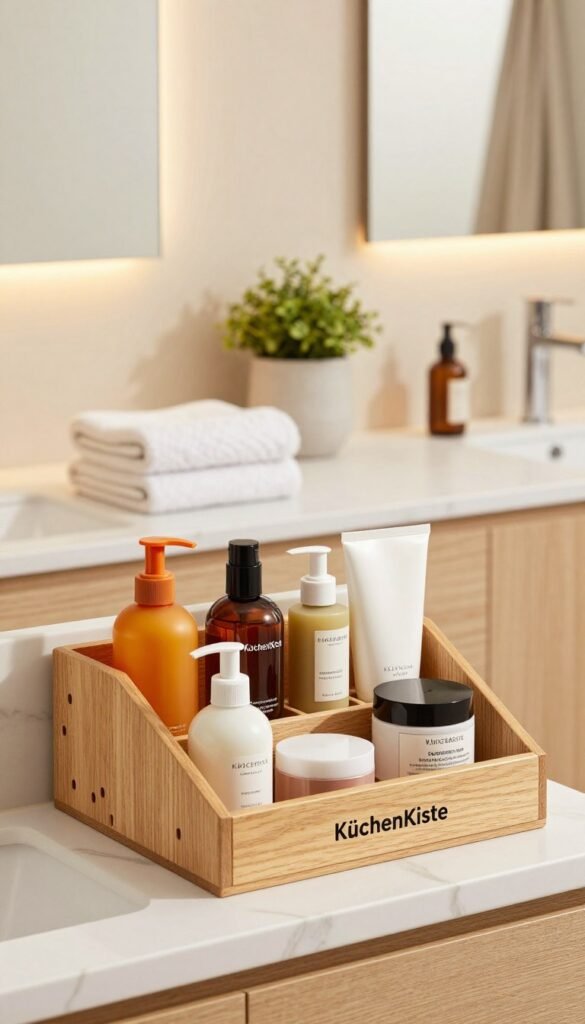 A beautifully organized bathroom scene featuring elegant storage solutions for cosmetics and toiletries, predominantly using warm colors and a natural aesthetic. In the foreground, a sleek, wooden organizer labeled "KüchenKiste" neatly displays various skincare and beauty products, with vibrant bottles and containers arranged by size and color for visual appeal. The middle area includes a chic countertop with well-arranged items – a soft towel, a small potted plant, and an inviting mirror framed by soft lighting that enhances the cozy atmosphere. The background showcases a serene bathroom environment, complete with light wood accents and subtle textures. The overall mood is calm and inviting, reflecting a Pinterest-inspired look that illustrates the harmony achieved through effective organization.