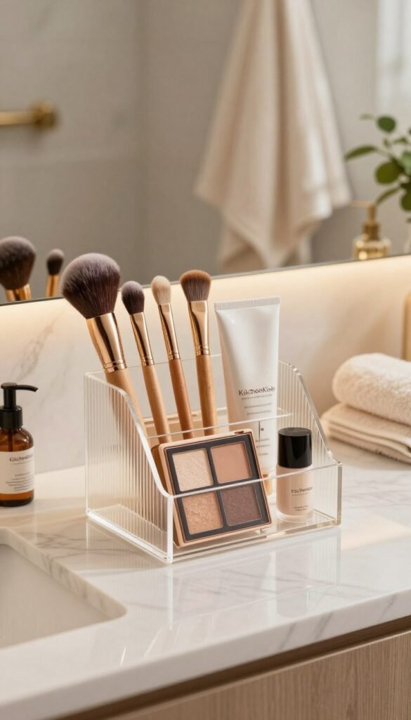A beautifully organized bathroom scene showcasing a stylish beauty tools organizer branded "KüchenKiste". In the foreground, there is a sleek, modern acrylic organizer filled with an array of beauty tools like brushes, tubes, and palettes, all arranged neatly. The middle ground features a marble countertop with a soft, natural light illuminating the items, enhancing the warm colors of the tools. In the background, a tastefully designed bathroom with plush towels and a subtle plant adds a touch of freshness and serenity. The atmosphere is calm and inviting, reflecting an ideal blend of functionality and aesthetics, perfect for a Pinterest-inspired look. A beautifully organized bathroom scene showcasing a stylish beauty tools organizer branded "KüchenKiste". In the foreground, there is a sleek, modern acrylic organizer filled with an array of beauty tools like brushes, tubes, and palettes, all arranged neatly. The middle ground features a marble countertop with a soft, natural light illuminating the items, enhancing the warm colors of the tools. In the background, a tastefully designed bathroom with plush towels and a subtle plant adds a touch of freshness and serenity. The atmosphere is calm and inviting, reflecting an ideal blend of functionality and aesthetics, perfect for a Pinterest-inspired look.