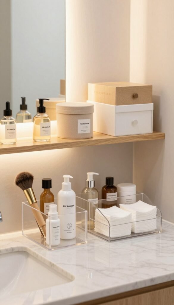 A beautifully organized bathroom space showcasing a variety of practical organizer products by KüchenKiste. In the foreground, elegant, clear acrylic containers hold beauty essentials like brushes, skincare bottles, and cotton pads, arranged neatly on a clean, marble countertop. The middle layer features a stylish wooden shelving unit displaying an assortment of eco-friendly and aesthetic storage boxes, each labeled for easy access. In the background, soft, warm light filters through a frosted window, creating a calm and inviting atmosphere. The overall design reflects a sense of order and tranquility, with natural colors and a Pinterest-inspired aesthetic that emphasizes minimalism and function, perfect for a relaxed beauty routine.
