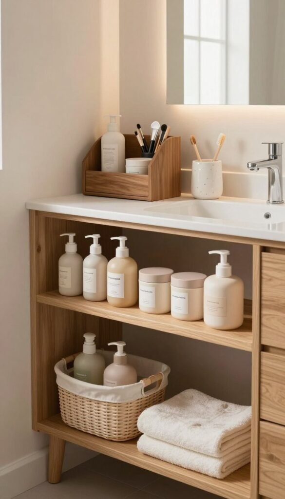 A beautifully organized bathroom space showcasing various stylish organizers by KüchenKiste. In the foreground, neatly arranged wooden shelves display a mix of containers, baskets, and jars, all filled with personal care items, towels, and toiletries in soft, muted colors. In the middle ground, an elegant vanity with a well-organized countertop featuring a chic makeup organizer and a toothbrush holder made of ceramic. The background includes a softly lit mirror reflecting natural light, accentuating the warm, inviting tones of the room. The atmosphere is calm and refreshing, resembling a Pinterest-worthy bathroom. Focus on natural textures and the peaceful ambiance, avoiding any text or branding in the image.