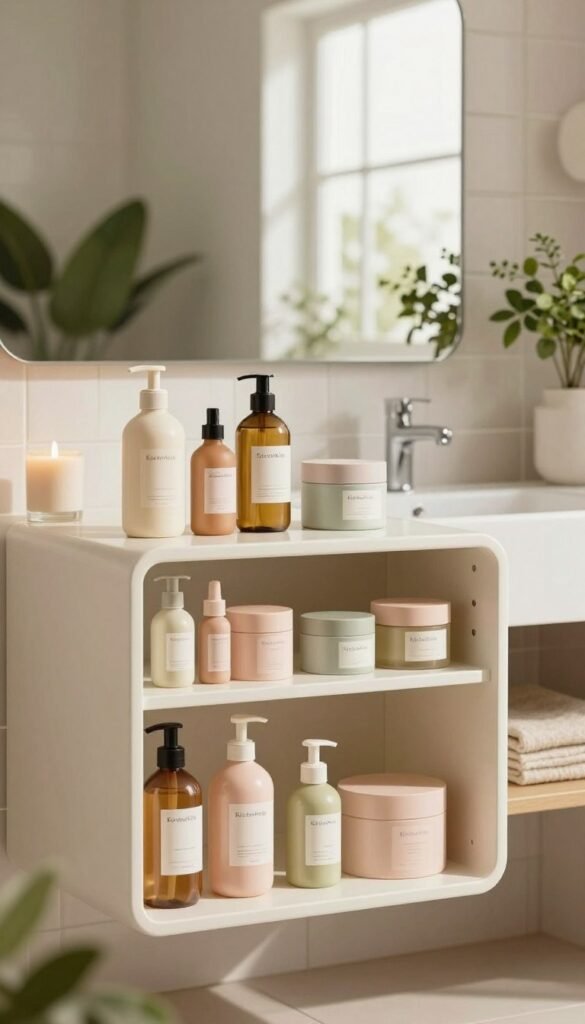 A beautifully organized bathroom storage system featuring various beauty care products on display. In the foreground, stylish open shelves contain neatly arranged bottles, jars, and containers in muted pastel colors, showcasing an elegant aesthetic. The middle layer presents a sleek, modern vanity with a large mirror reflecting soft, natural light that filters through a nearby window, casting gentle shadows. In the background, light-colored tiles and lush greenery create a serene ambiance, enhancing the calming atmosphere. The composition is complemented by tasteful decor elements like candles and small plants. The overall tone is warm and inviting, embodying the essence of a Pinterest-style bathroom. Ensure the brand name "KüchenKiste" is subtly included in the design without text overlay.