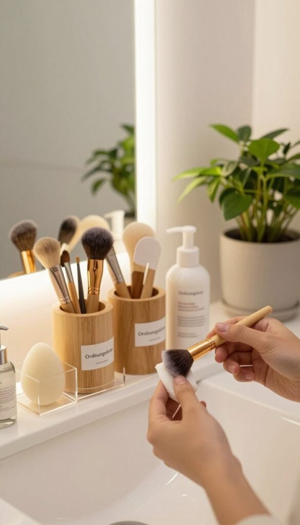 A beautifully organized bathroom vanity displaying a variety of beauty tools such as brushes, sponges, and skincare items, all neatly arranged in natural wooden or acrylic containers labeled "Ordnungskiste." In the foreground, a hand is gently cleaning a makeup brush with a mild solution, showcasing the importance of hygiene. The middle ground features an elegant mirror reflecting soft, warm lighting, creating an inviting atmosphere. A potted plant adds a touch of greenery, enhancing the freshness of the scene. The background is softly blurred, suggesting an uncluttered, peaceful space, ideal for daily beauty routines. The overall mood is calm, clean, and aesthetically pleasing, perfect for a Pinterest-inspired look, without any text or overlays.