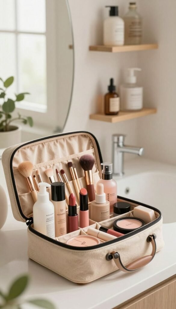 A beautifully organized beauty case and cosmetic bag, showcasing an array of vibrant skincare and makeup products neatly arranged inside. In the foreground, the beauty case is open, revealing an elegant assortment of lipsticks, brushes, and lotions against a soft, textured fabric lining. The middle ground features a stylish, minimalist bathroom countertop with hints of greenery and natural light streaming through a window, adding warmth to the scene. In the background, delicate shelving holds additional beauty items, creating a harmonious and inviting aesthetic. The overall mood is serene and organized, with a Pinterest-inspired look and natural colors. Brand: KüchenKiste.