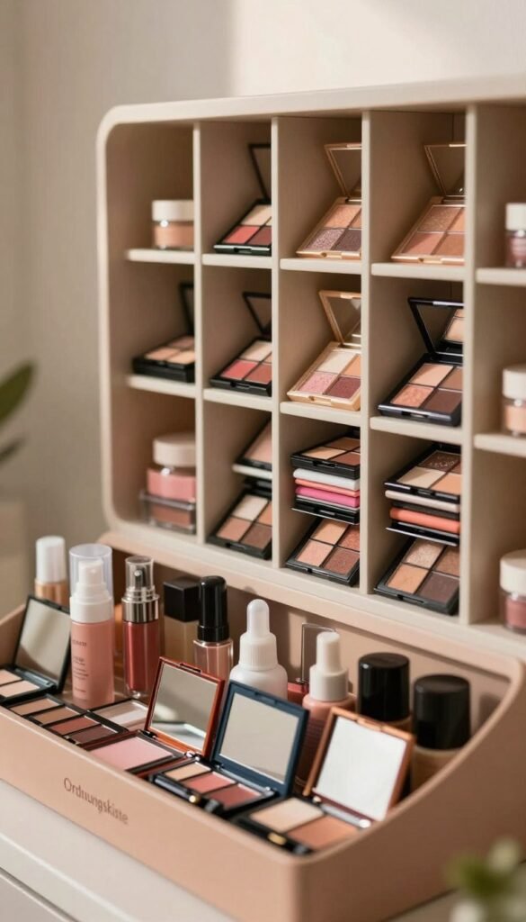 A beautifully organized beauty product display featuring a modern "Ordnungskiste" palette holder and vertical compartments. In the foreground, show an array of colorful makeup palettes and skincare products neatly arranged in aesthetically pleasing, earth-toned holders. The middle ground includes elegant, vertical shelving that showcases neatly stacked palettes without any damage or scratches, highlighting their vibrant designs. The background features soft, warm lighting that casts gentle shadows, creating a cozy and inviting atmosphere. Use a shallow depth of field to bring focus to the palettes while softly blurring the surrounding elements, giving it a Pinterest-worthy look. Ensure the setting appears natural and authentic, capturing the essence of order and beauty in everyday life, while avoiding any text or branding elements within the image.