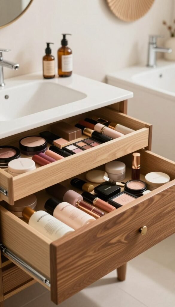 A beautifully organized beauty product drawer from "Ordnungskiste," showcasing a tidy display filled with an array of makeup items like lipsticks, eyeshadows, and skincare bottles. The foreground features a sleek, modern drawer with an elegant wood finish, slightly opened to reveal the neatly arranged products inside. Soft natural lighting illuminates the scene, creating a warm, inviting atmosphere. The middle layer includes a blurred view of a minimalist bathroom with neutral tones, enhancing the sense of order. In the background, a stylish wall with decorative accents complements the harmonious overall aesthetic. The mood is serene and organized, reflecting the beauty of well-maintained storage without any text or visual clutter.