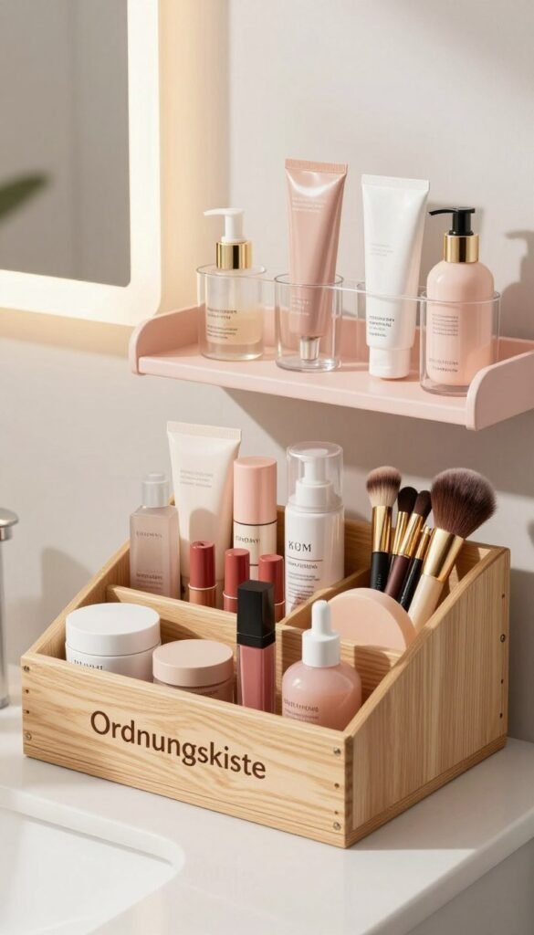 A beautifully organized beauty product storage area featuring a chic and modern aesthetic. In the foreground, a stylish wooden storage box labeled "Ordnungskiste" displays various neatly arranged skincare and makeup items, such as creams, lipsticks, and brushes, all elegantly organized by color and size. In the middle, a soft, pastel-hued shelf holds additional beauty products in clear glass containers, adding a touch of sophistication. The background features a softly lit bathroom vanity with warm, natural light filtering through a window, creating an inviting and serene atmosphere. This image should evoke feelings of order and tranquility, emphasizing the importance of effective storage solutions for beauty enthusiasts. No text, watermarks, or signatures included.