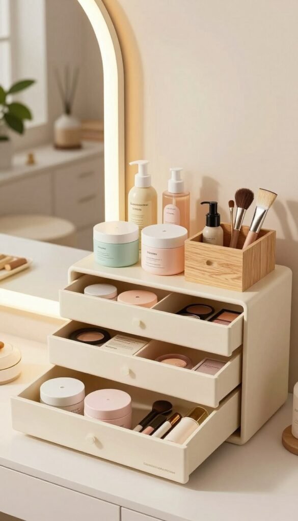 A beautifully organized beauty product storage solution by "Ordnungskiste" is showcased in the foreground, featuring a variety of neatly arranged containers, trays, and drawers filled with skincare, makeup, and essential beauty tools. The middle layer presents elegant storage units, displaying a harmonious blend of pastel colors and natural wood textures, all illuminated by soft, warm lighting that creates a cozy atmosphere. In the background, a tastefully decorated vanity reflects a serene home environment, adorned with plants and minimalistic decor, enhancing the overall aesthetic. The scene conveys a sense of tranquility and efficiency, ideal for those searching for an effective beauty organization solution, all while maintaining a Pinterest-worthy look, free of text or branding beyond "Ordnungskiste."