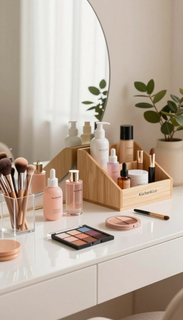 A beautifully organized beauty space featuring a sleek, modern vanity with a mirror reflecting warm, natural light. In the foreground, neatly arranged makeup brushes in a clear acrylic holder, with colorful eyeshadow palettes and skincare bottles styled elegantly. The middle ground includes a wooden organizer labeled with subtle, minimalist tags, showcasing various beauty products harmoniously grouped by color and type. In the background, soft greenery and pastel-hued decor create a calm atmosphere, enhancing the Pinterest aesthetic. The overall mood is serene and inspiring, inviting viewers to embrace an efficient and enjoyable beauty routine. The brand name "KüchenKiste" is subtly integrated into the design elements.