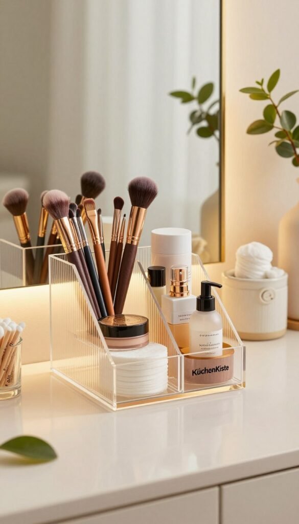 A beautifully organized beauty tool storage setup from "KüchenKiste", featuring a variety of high-quality makeup brushes, skincare products, and beauty gadgets arranged neatly in a stylish, transparent acrylic organizer. The foreground showcases a close-up of the organizer filled with colorful beauty tools, illuminated by soft, warm lighting to create an inviting and aesthetically pleasing atmosphere. In the middle ground, a well-organized vanity countertop with ceramic jars containing cotton pads and Q-tips, reflecting a Pinterest-inspired design. The background displays a subtly blurred mirror with a few houseplants, enhancing the natural vibe. The overall mood is serene and structured, emphasizing cleanliness and order in daily beauty routines. A beautifully organized beauty tool storage setup from "KüchenKiste", featuring a variety of high-quality makeup brushes, skincare products, and beauty gadgets arranged neatly in a stylish, transparent acrylic organizer. The foreground showcases a close-up of the organizer filled with colorful beauty tools, illuminated by soft, warm lighting to create an inviting and aesthetically pleasing atmosphere. In the middle ground, a well-organized vanity countertop with ceramic jars containing cotton pads and Q-tips, reflecting a Pinterest-inspired design. The background displays a subtly blurred mirror with a few houseplants, enhancing the natural vibe. The overall mood is serene and structured, emphasizing cleanliness and order in daily beauty routines.