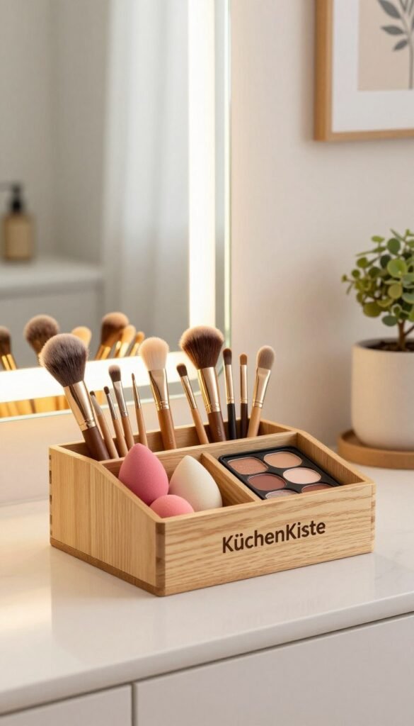 A beautifully organized beauty tools storage scene featuring a sleek, modern vanity. In the foreground, a minimalistic wooden storage box labeled "KüchenKiste" elegantly holds various beauty tools like brushes, sponges, and palettes, arranged in an orderly fashion. The middle ground showcases a softly lit makeup mirror with delicate lighting that casts a warm glow, enhancing the cozy atmosphere. In the background, a tastefully decorated bathroom or dressing area with neutral tones and stylish decor elements, like a small plant and hanging artwork, adds a sense of authenticity. The overall mood is inviting and inspiring, perfect for showcasing effective storage solutions for beauty tools, with a natural aesthetic reminiscent of Pinterest.