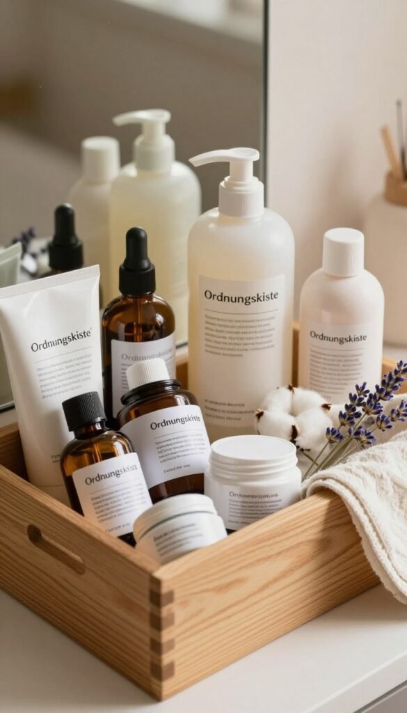 A beautifully organized display of "Ordnungskiste" hygiene products, showcasing a variety of skincare and beauty essentials like serums, creams, and cleansers. In the foreground, feature a stylish wooden storage box filled with neatly arranged bottles and jars, emphasizing their labels displaying expiry dates for a focus on product longevity. In the middle, include a soft, natural cotton cloth and a few sprigs of lavender for a touch of freshness. The background consists of a softly lit vanity space with warm colors, creating an inviting atmosphere. The lighting is warm and diffused, suggestive of a cozy morning routine, with a shallow depth of field to keep the focus on the products. Convey a sense of mindfulness and practicality in beauty care.