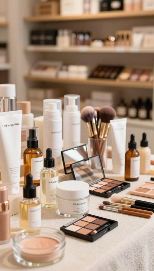 A beautifully organized display of beauty products under the brand name "Ordnungskiste," showcasing a variety of items suitable for different budgets: low, mid, and high-end. In the foreground, elegant glass containers filled with skincare products, like serums and moisturizers, arranged artistically. In the middle, a chic selection of makeup palettes and brushes arranged neatly on a soft, textured surface, hinting at a warm, inviting atmosphere. In the background, softly blurred shelves lined with various beauty accessories, emphasizing an authentic Pinterest-style aesthetic. The lighting is warm and natural, casting gentle highlights on the products, creating an inviting, serene vibe. The image evokes a sense of professional organization and beauty, perfect for an article on effective storage ideas.