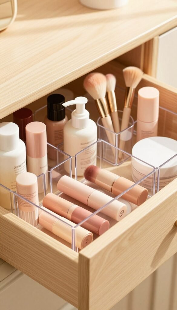 A beautifully organized drawer featuring a "Schubladen-Organizer" by Ordnungskiste, showcasing a variety of beauty products neatly arranged. In the foreground, the organizer is made of clear, modern plastic with movable compartments, holding items like lipsticks, brushes, and skincare bottles, all in soft pastel colors. The middle ground includes a slight glimpse of soft, light wooden drawer sides, enhancing the warm and inviting atmosphere. In the background, sunlight gently filters through, creating a cozy glow that highlights the textures of the products and the organizer. The overall mood is serene and aesthetically pleasing, evoking a sense of calm and order. No text or branding is visible in the image, ensuring authenticity and clarity.