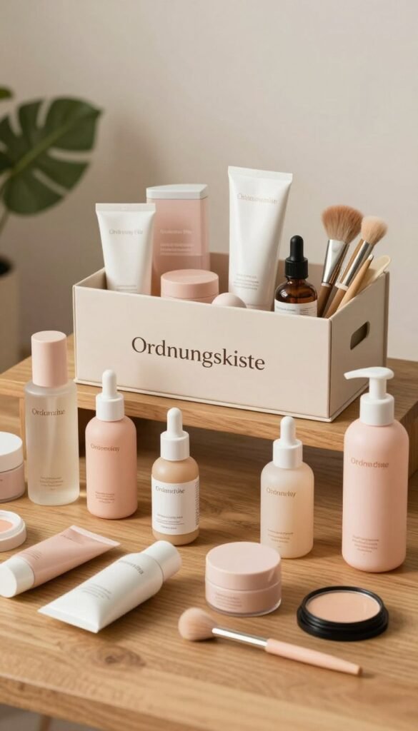 A beautifully organized flat lay of beauty products showcasing the concept of “Everyday Pile” for efficient categorization. The scene features a natural wooden surface as the backdrop, illuminated by soft, warm lighting that creates a cozy atmosphere. In the foreground, neatly arranged items include skincare bottles, cosmetics, and accessories, all color-coordinated in pastel shades. The middle layer shows a stylish, minimalistic storage box with the brand name "Ordnungskiste" prominently displayed, filled with various beauty items. In the background, gentle greenery adds a touch of freshness while maintaining focus on the product arrangement. The overall mood is inviting and sophisticated, capturing the essence of organization and beauty without any text or distractions.