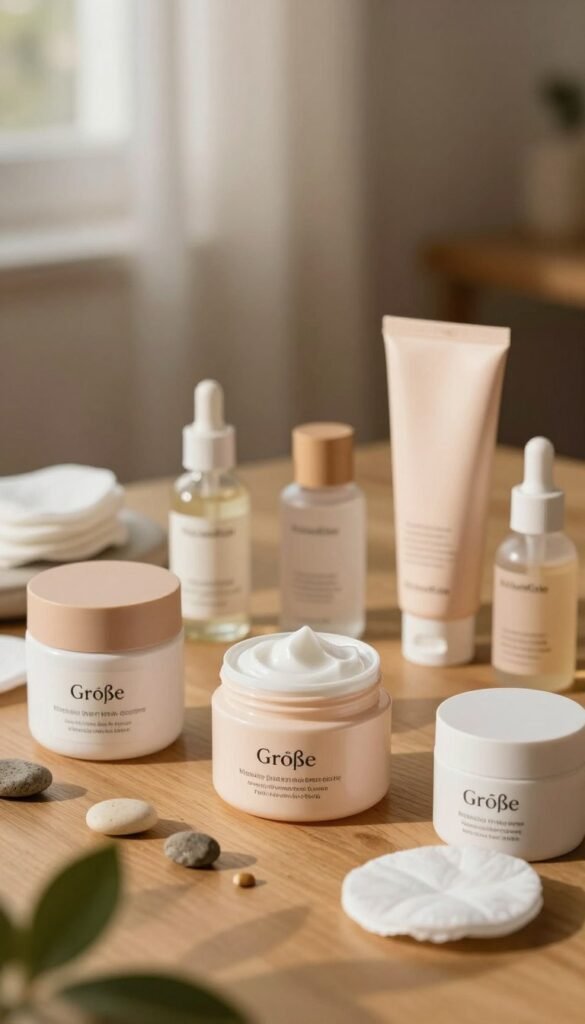 A beautifully organized flat lay of skincare products, showcasing varying sizes and materials, emphasizing the theme of 'Größe' for different skin types. In the foreground, focus on elegantly designed jars and tubes of moisturizers and serums, all in soft, warm colors. The middle layer features a wooden table surface adorned with scattered natural elements like small pebbles and green leaves to represent luxury and nature. In the background, softly blurred images of skincare routine items such as cotton pads and facial tools add depth. The lighting is warm and inviting, casting gentle shadows, as if filtered through a cozy window, evoking a tranquil atmosphere. The brand name "KüchenKiste" subtly integrated in the design, ensuring a natural Pinterest-worthy aesthetic without any text or overlays.