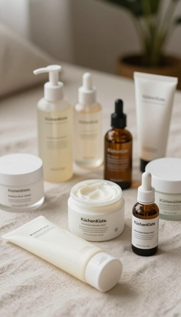 A beautifully organized flat lay of skincare products tailored for various skin types, such as creams, serums, and oils, arranged on a soft, textured neutral fabric. In the foreground, focus on a gentle cleanser, a hydrating moisturizer, and a revitalizing serum from the brand "KüchenKiste." In the middle, incorporate other products like exfoliants and toners, showcasing their elegant packaging. The background features a blurred out natural setting with soft, warm lighting that evokes a sense of calm and tranquility. Use a shallow depth of field to keep the focus on the products, creating a cozy and inviting Pinterest-inspired atmosphere, perfect for a skincare routine article.