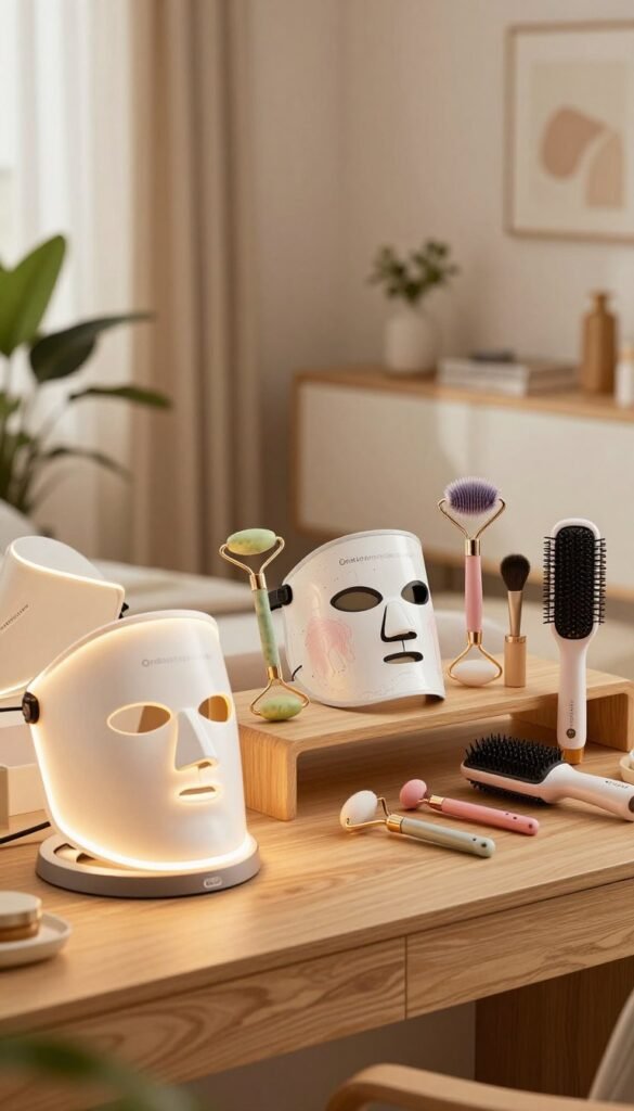A beautifully organized home beauty workspace featuring a variety of stylish beauty devices and tools that showcase their functionality. In the foreground, a sleek, modern skincare device with soft glowing lights emanates warmth, while in the middle, an elegantly arranged assortment of beauty tools like facial rollers, LED masks, and hair styling gadgets are artfully displayed on a minimalist wooden vanity. The background reveals a softly blurred, well-lit room with calming colors and decorative plants that enhance the atmosphere. The lighting is warm and inviting, reminiscent of a cozy home environment. The overall mood is serene and inspiring. The brand "Ordnungskiste" should be subtly integrated into the design.
