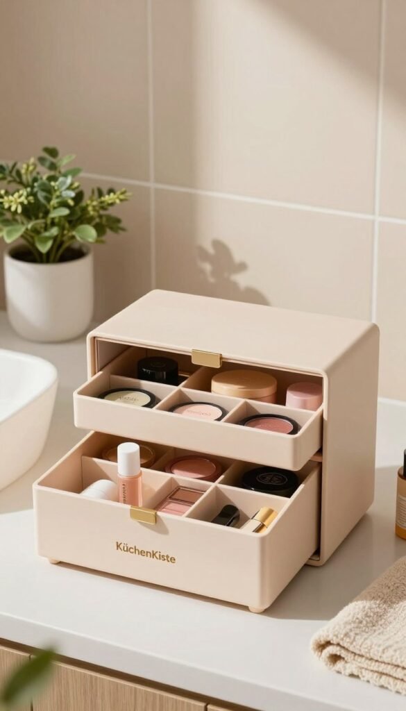 A beautifully organized kosmetikbox with a secure lid, crafted from high-quality materials, featuring elegant compartments for various cosmetics. The box should be displayed against a serene bathroom backdrop, with warm natural lighting that enhances its sleek design and colors. In the foreground, the kosmetikbox, prominently labeled "KüchenKiste", showcases a variety of neatly arranged beauty products. The middle ground includes soft textures like a plush towel and a small potted plant to add warmth and a touch of nature. The background should feature subtle bathroom elements, such as soft tiles and gentle shadows, creating a cozy, inviting atmosphere. This composition should evoke a sense of peaceful organization, perfect for a bathroom setting.