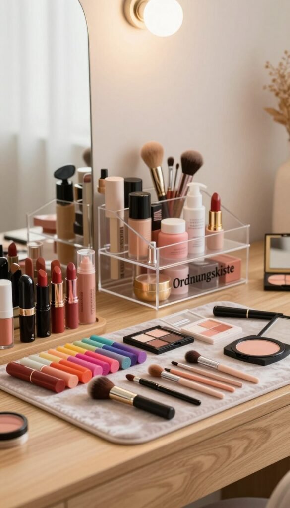 A beautifully organized make-up station showcasing a harmonious blend of beauty products and tools. In the foreground, a stylish wooden vanity table features neatly arranged items: sleek lipsticks in a rainbow of colors, elegant blush palettes, and well-maintained brushes lying on a soft velvet mat. The middle ground highlights an aesthetically pleasing clear acrylic organizer labeled "Ordnungskiste," filled with various cosmetics, reflecting natural light. In the background, a softly blurred mirror catches the warm, ambient glow of overhead lighting, adding a cozy touch. The overall atmosphere is inviting and serene, with a subtle Pinterest-inspired aesthetic emphasizing organization and tranquility, devoid of any textual elements.
