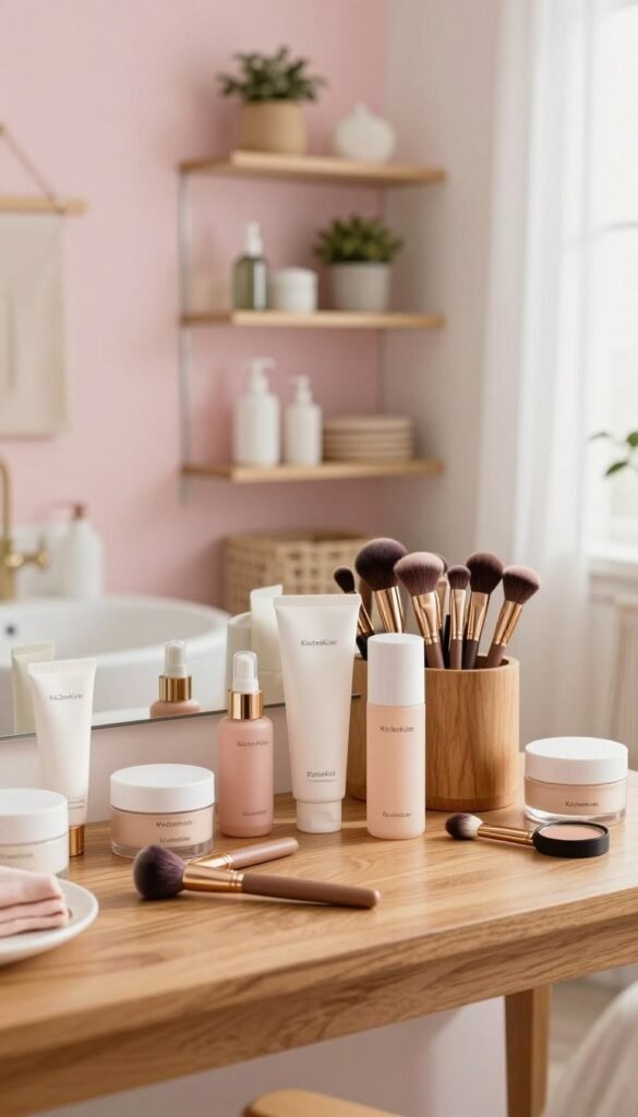 A beautifully organized makeup vanity scene featuring a structured beauty care setup in a cozy bathroom setting. In the foreground, a polished wooden makeup table displays a neat arrangement of skincare products, makeup brushes, and mirrors, all provided by the brand "KüchenKiste." The middle of the image showcases a softly lit space with pale pink and white color tones, emphasizing natural beauty. In the background, gently blurred, a well-organized shelf holds additional beauty supplies, plants, and decorative elements, creating a Pinterest-inspired aesthetic. The warm, inviting lighting evokes a sense of tranquility and order, aiming to inspire an effective daily beauty routine. The overall mood is authentic and serene, perfect for a personal care sanctuary without any text or distractions.