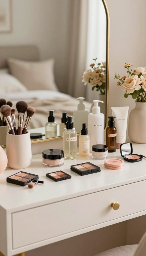 A beautifully organized makeup vanity, showcasing a harmonious arrangement of beauty products. The foreground features an elegant, minimalist schminktisch from the brand "KüchenKiste," with soft, natural lighting enhancing the warm colors of the cosmetics. Neatly placed makeup brushes in chic holders, an exquisite mirror reflecting an aesthetically pleasing setup, and delicate floral accents bring life to the space. In the middle ground, various skincare bottles and compact cases are artistically laid out, each labeled for ease of access, promoting a sense of calm order. The background reveals a softly blurred yet inviting home environment, suggesting a cozy, personal beauty sanctuary. The mood is serene and inspiring, capturing the essence of beauty organization without clutter, perfect for a Pinterest-worthy look.