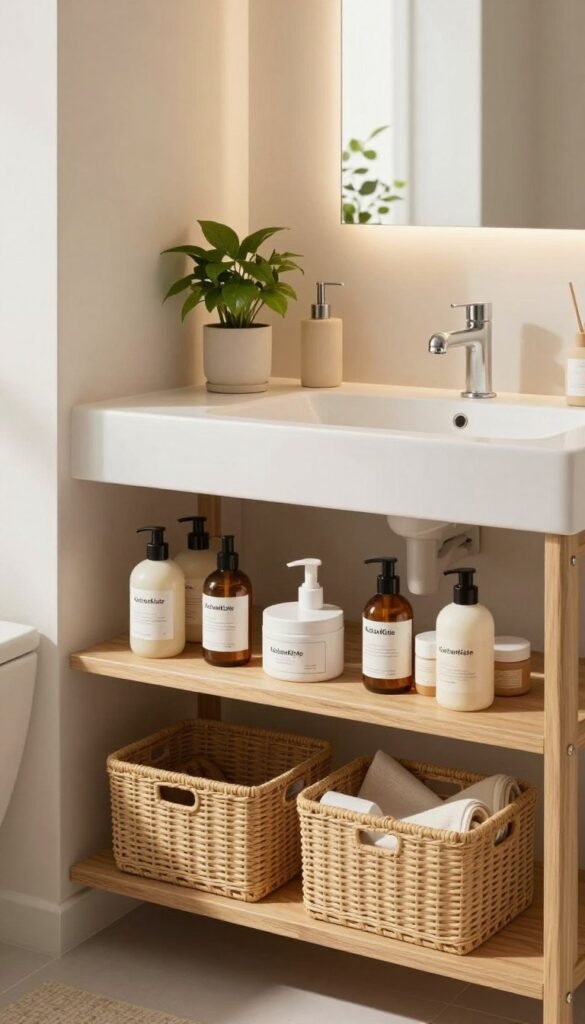 A beautifully organized minimalist bathroom featuring "KüchenKiste" products. In the foreground, elegant storage solutions like a sleek wooden shelf and woven baskets, showcasing an array of neatly arranged toiletries and skincare items. The middle layer includes a tastefully decorated sink area with a simple, modern soap dispenser and a potted plant adding a touch of greenery. The background reveals a softly lit mirror reflecting warm, natural light, enhancing the cozy atmosphere. The image exudes a sense of calm and order, perfect for a Pinterest-inspired aesthetic, with warm color tones creating a welcoming vibe. The overall composition radiates authenticity and simplicity, emphasizing the beauty of organized spaces without any text or distractions.